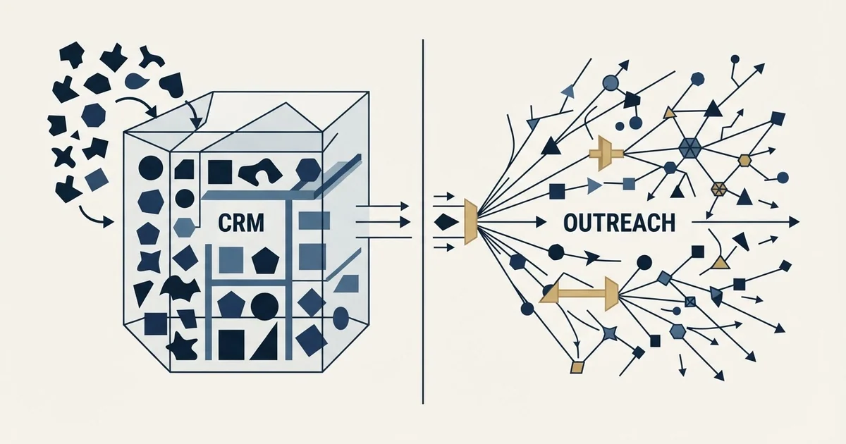 Editorial illustration for Less Annoying CRM vs Outreach