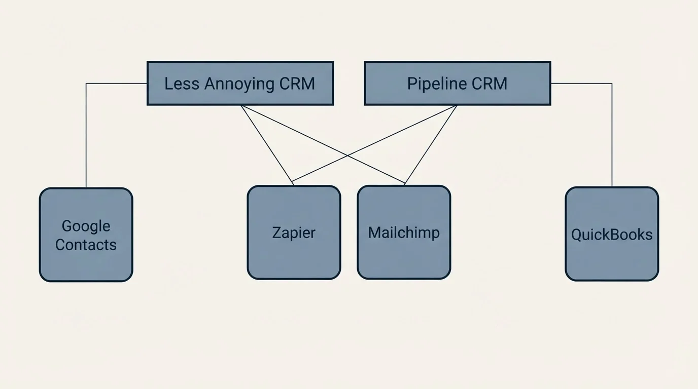 Integration grid: Integration Ecosystem (Less Annoying CRM, Pipeline CRM, Zapier, Mailchimp)