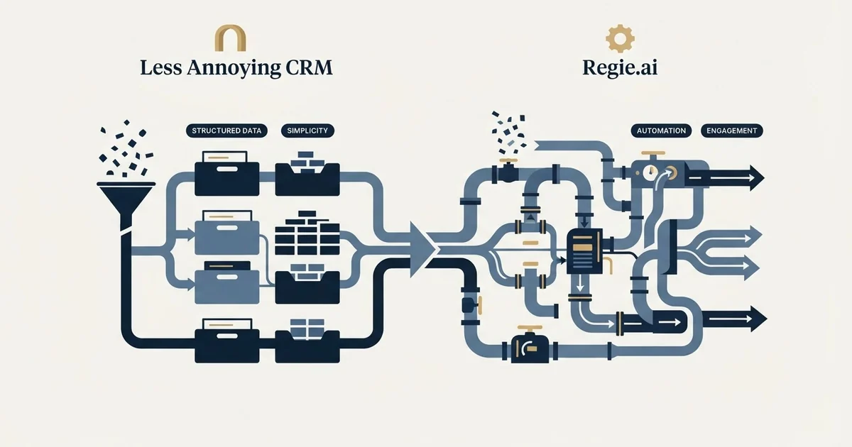 Editorial illustration for Less Annoying CRM vs Regie.ai
