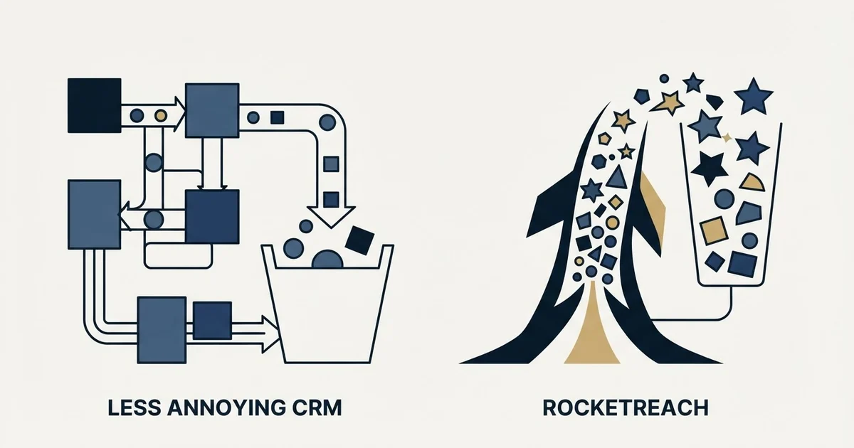 Editorial illustration for Less Annoying CRM vs RocketReach