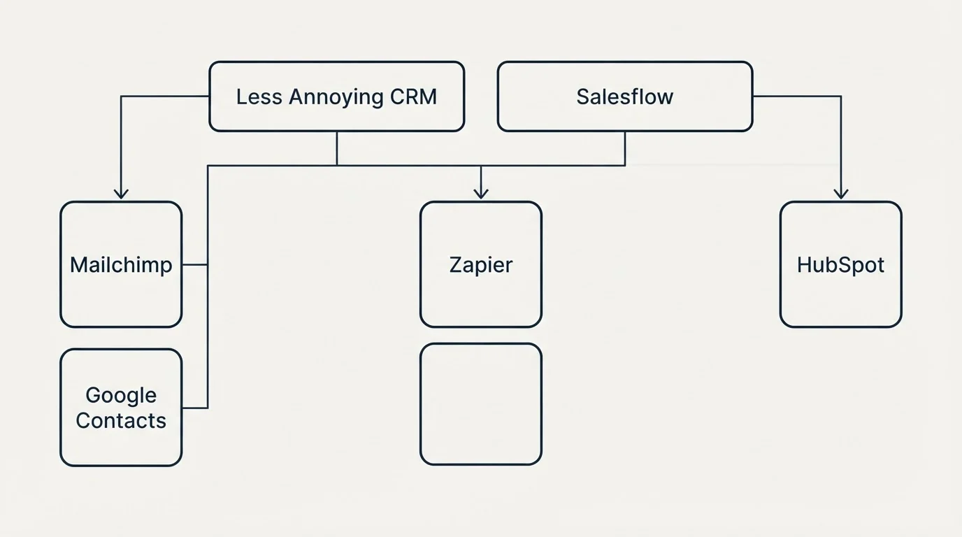 Integration grid: Integration Ecosystem (Less Annoying CRM, Salesflow, Zapier, Mailchimp)
