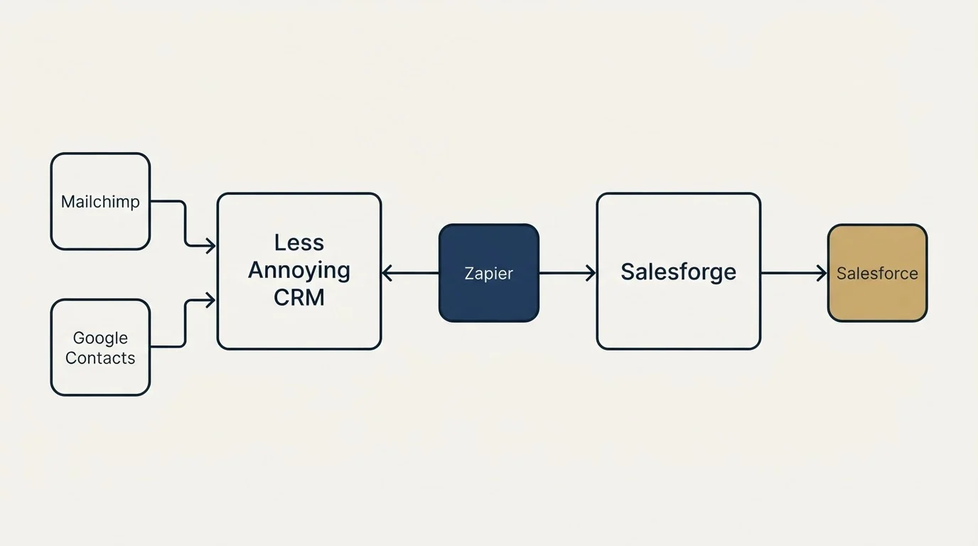 Integration flow: Integration Ecosystem (Less Annoying CRM, Salesforge, Zapier, Mailchimp)