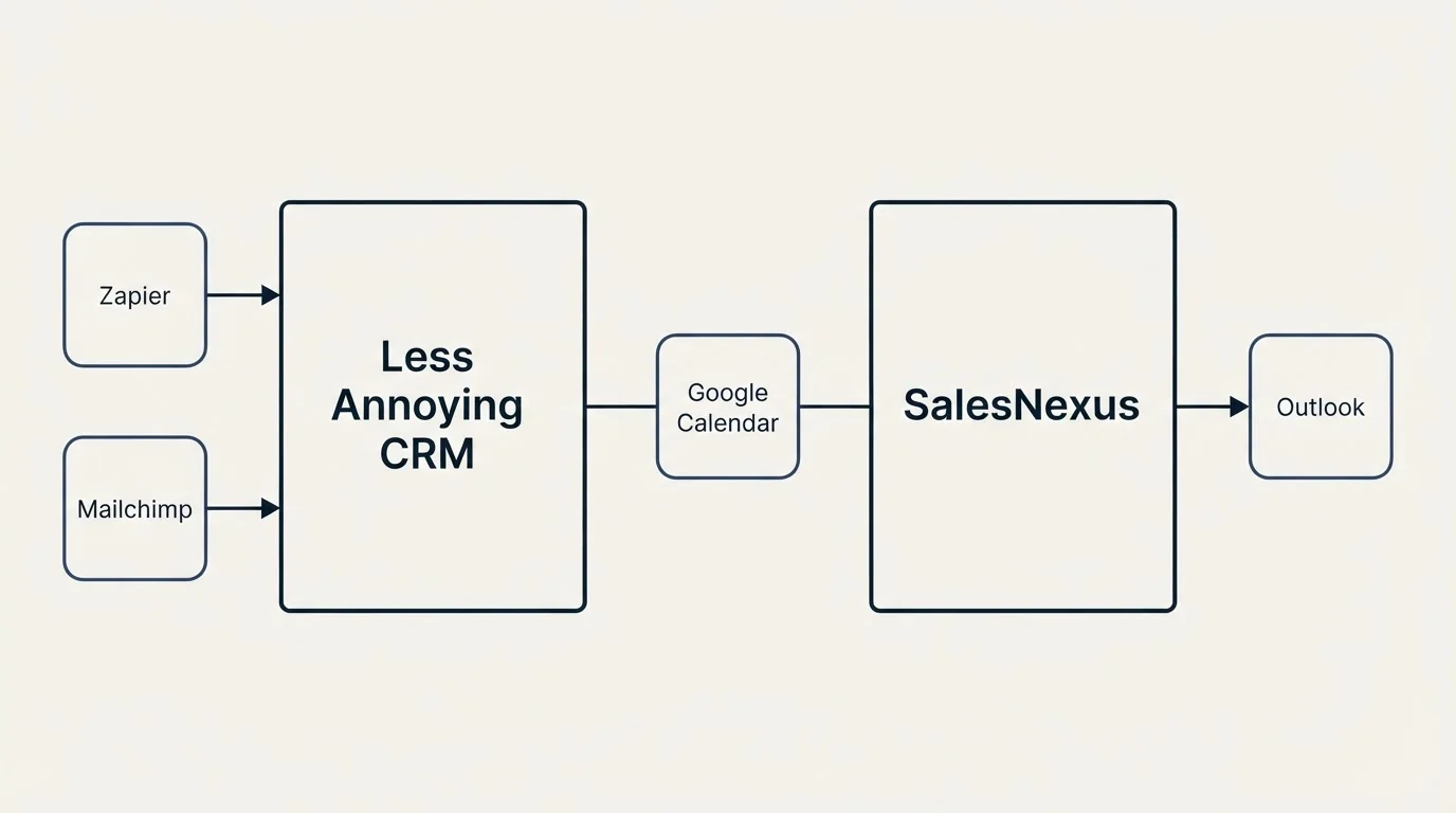 Integration flow: Integration Ecosystem (Less Annoying CRM, SalesNexus, Google Calendar, Zapier)