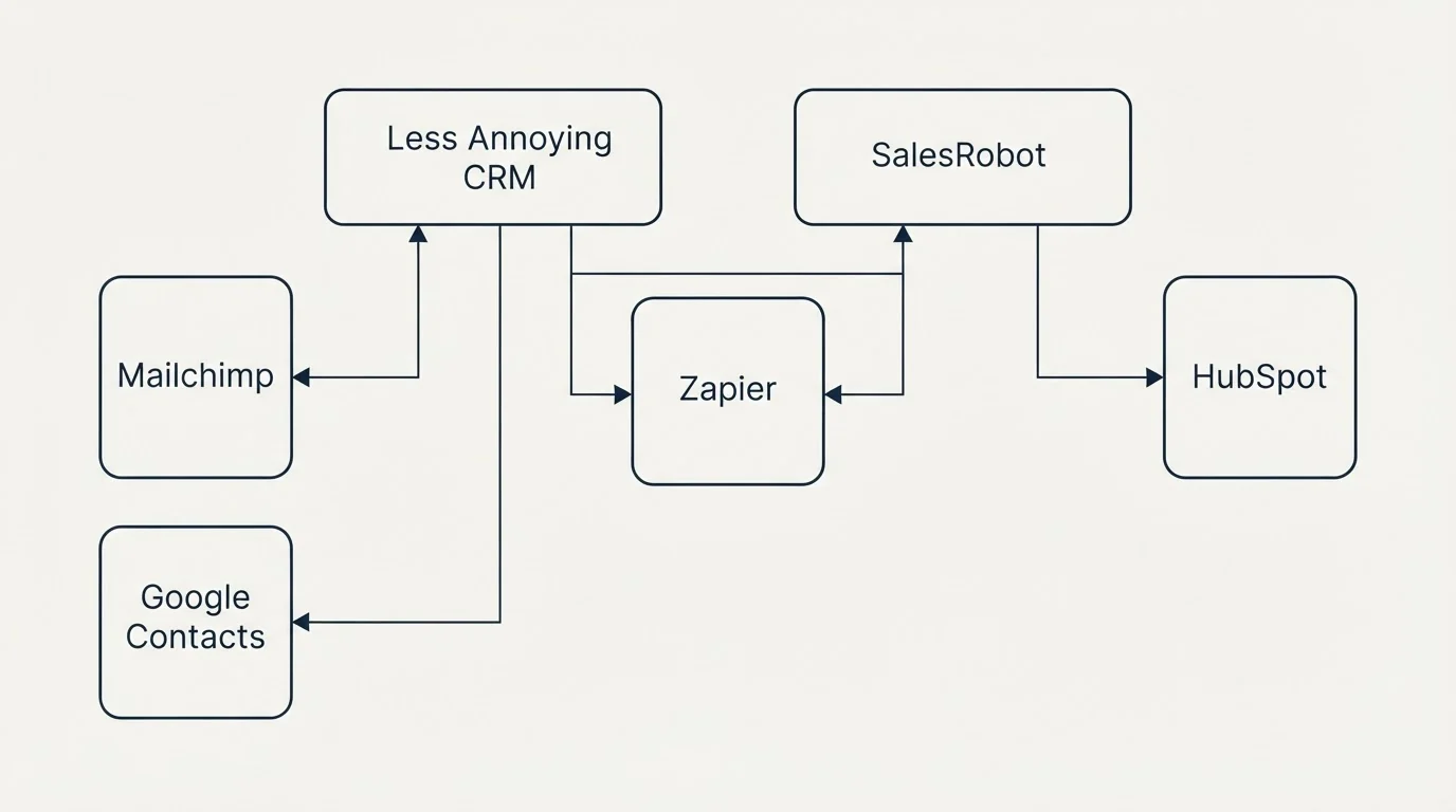Integration grid: Integration Ecosystem (Less Annoying CRM, SalesRobot, Zapier, Mailchimp)
