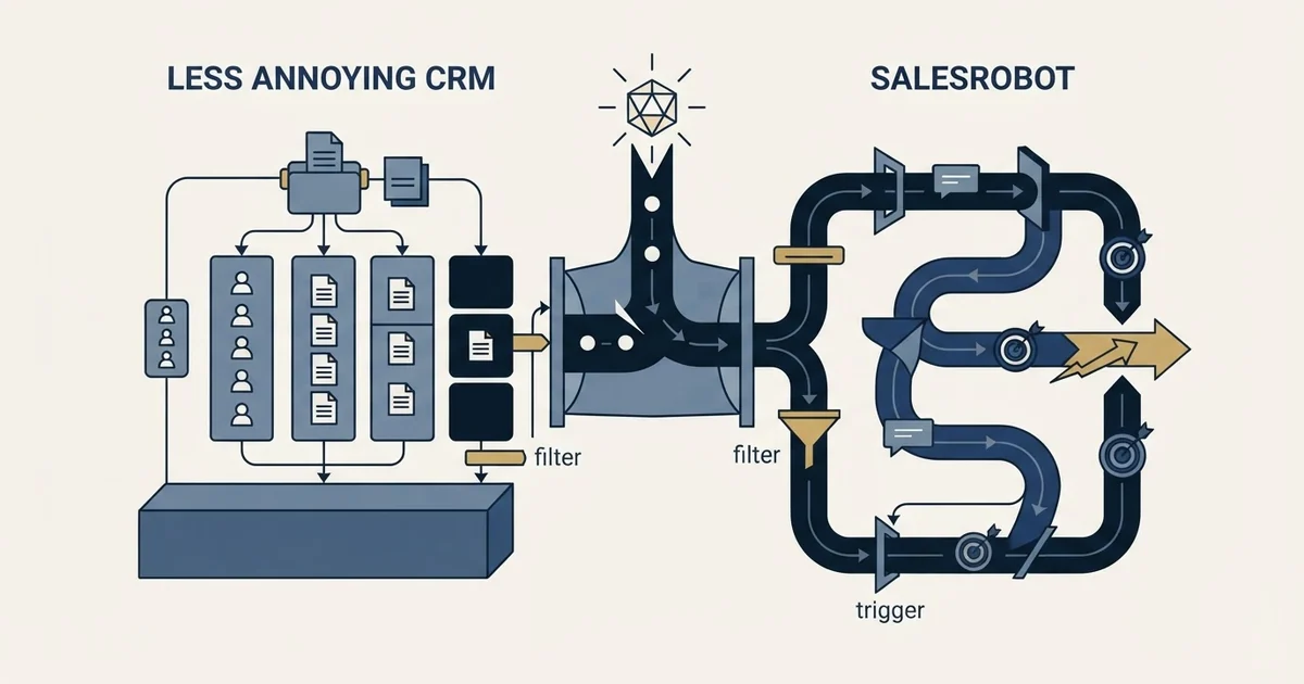 Editorial illustration for Less Annoying CRM vs SalesRobot