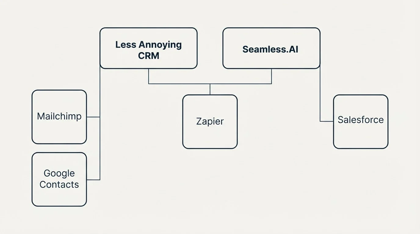 Integration grid: Integration Ecosystem (Less Annoying CRM, Seamless.AI, Zapier, Mailchimp)