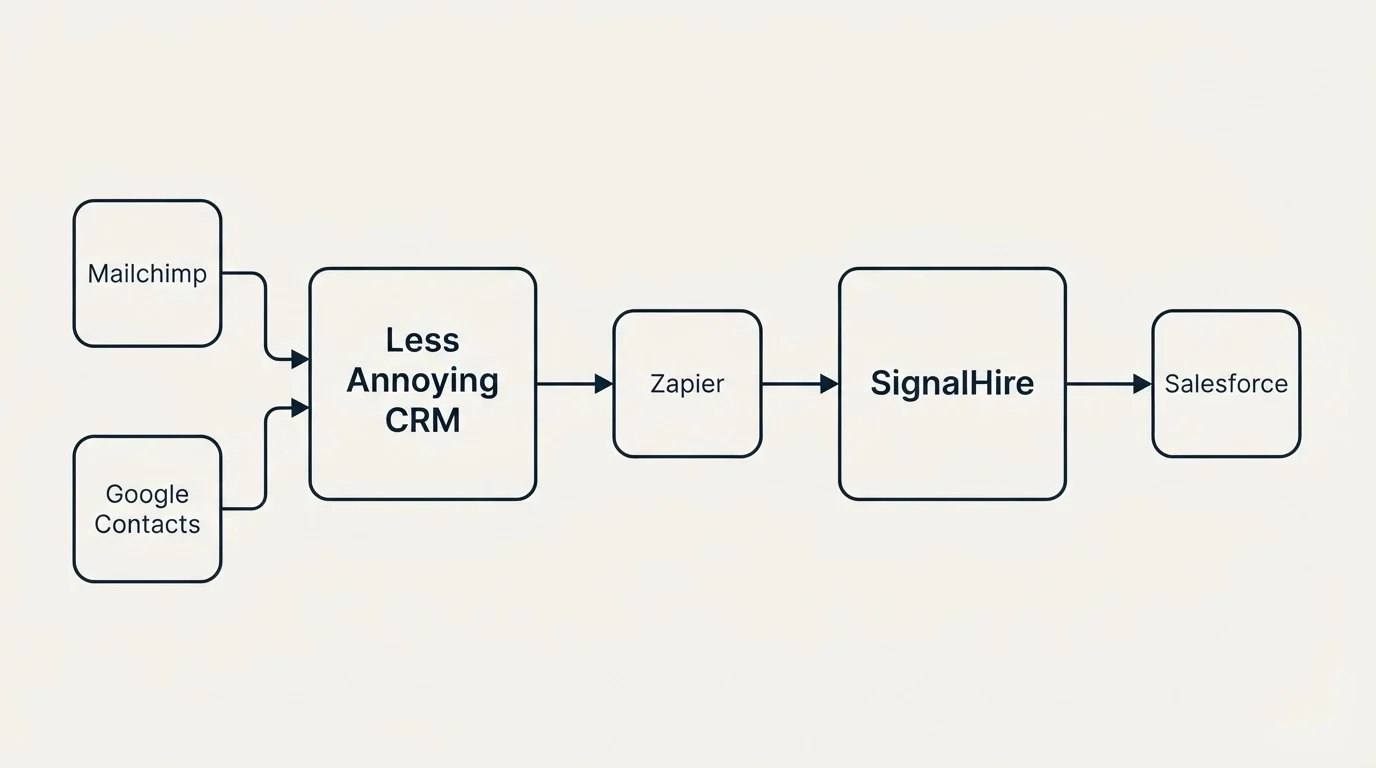 Integration schematic: Integration Ecosystem (Less Annoying CRM, SignalHire, Zapier, Mailchimp)