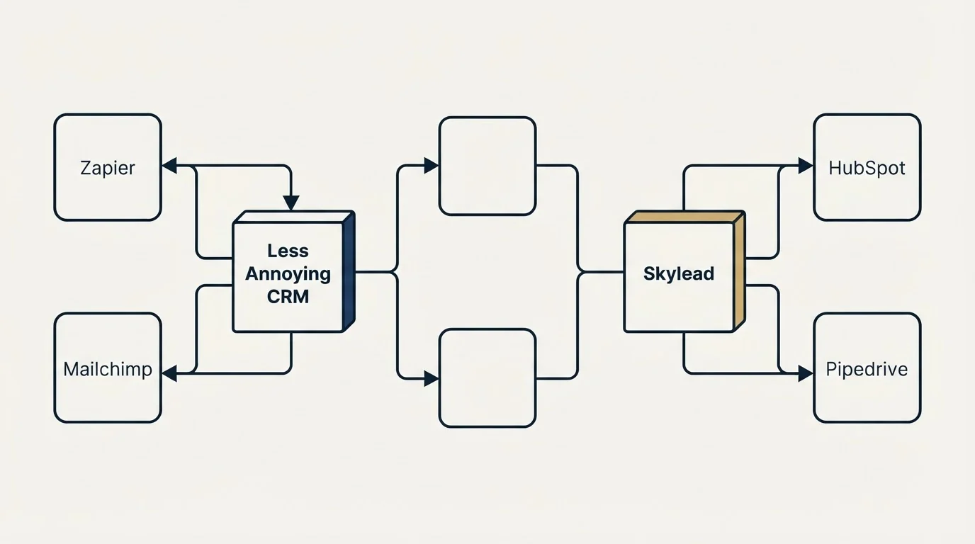 Integration flow: Integration Ecosystem (Less Annoying CRM, Skylead, Zapier, HubSpot)