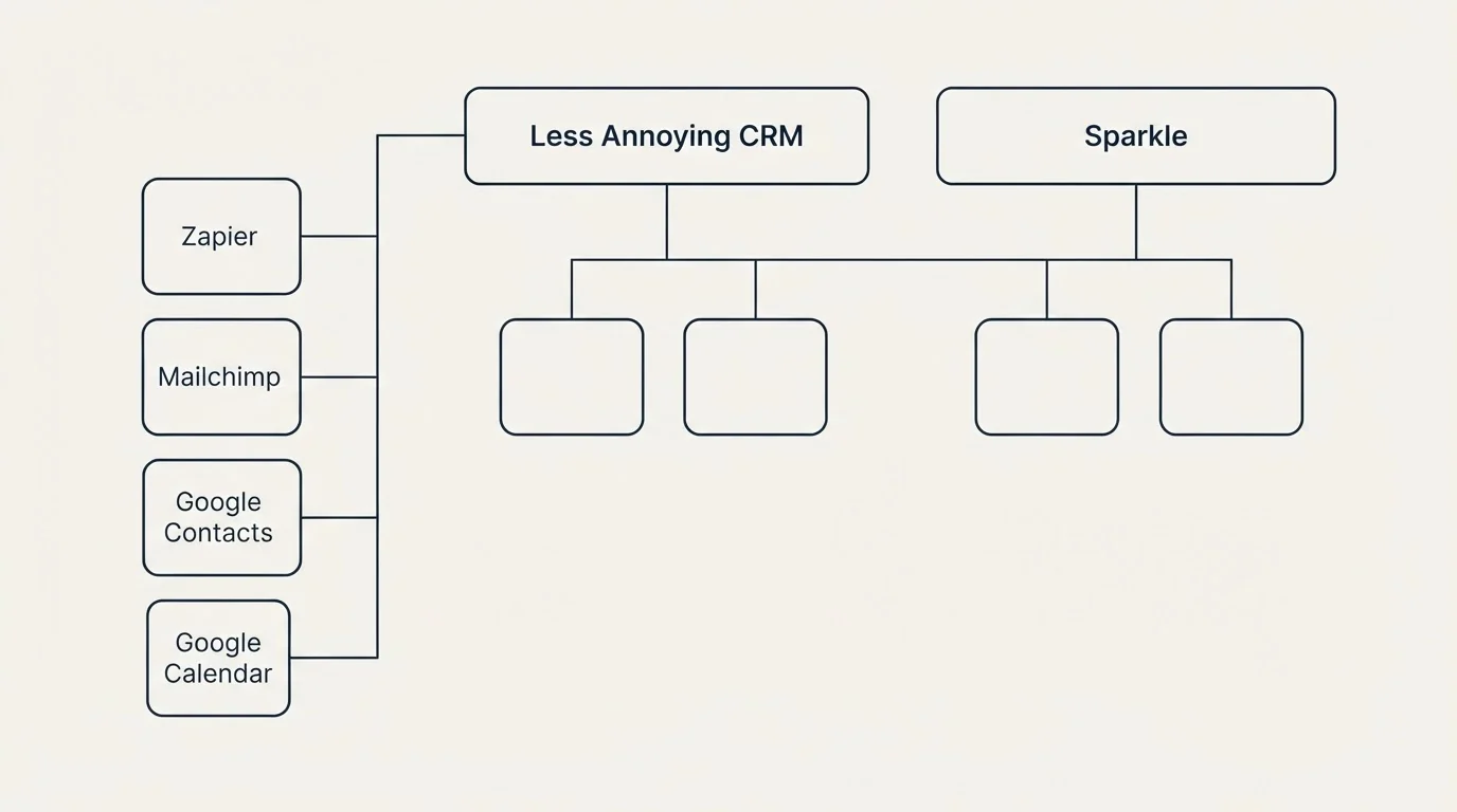 Integration grid: Integration Ecosystem (Less Annoying CRM, Sparkle, Zapier, Mailchimp)