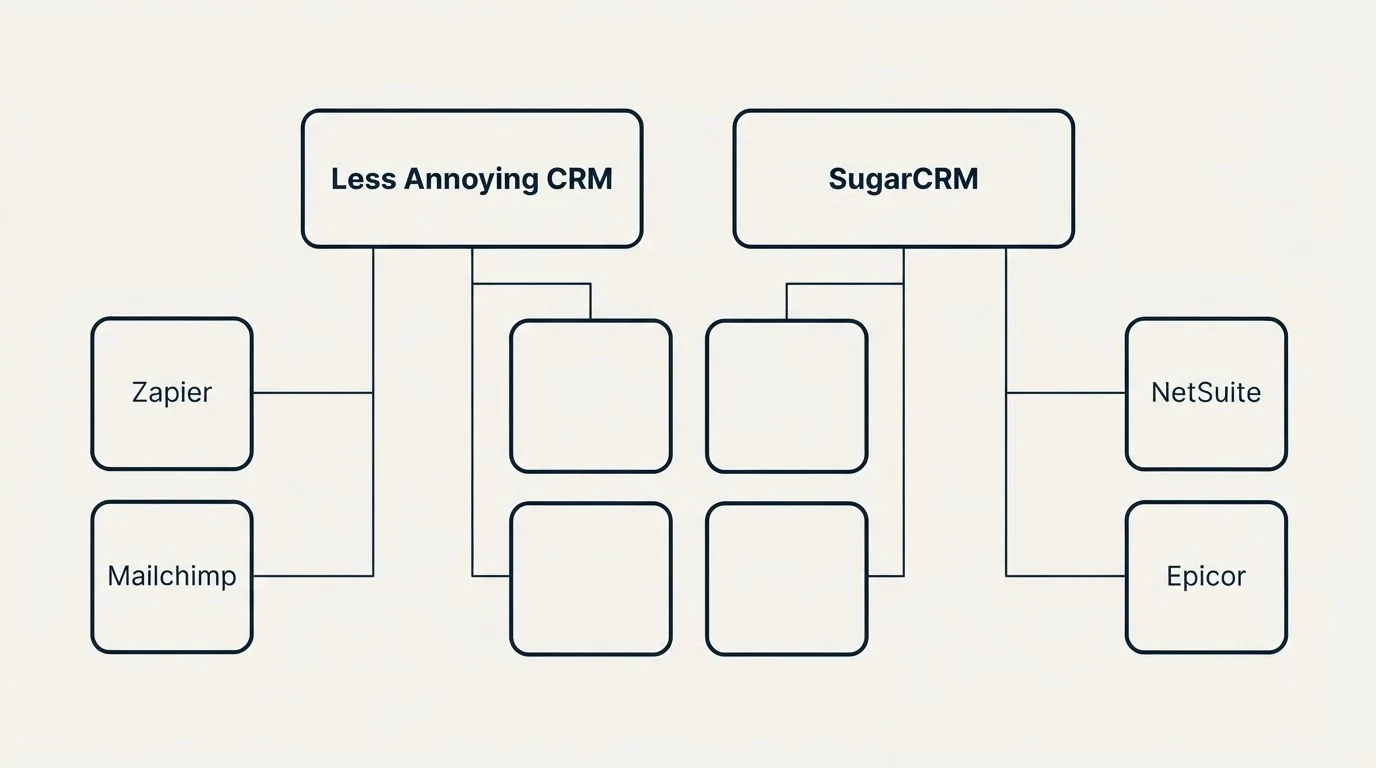 Integration grid: Integration Ecosystem (Less Annoying CRM, SugarCRM, Zapier, NetSuite)