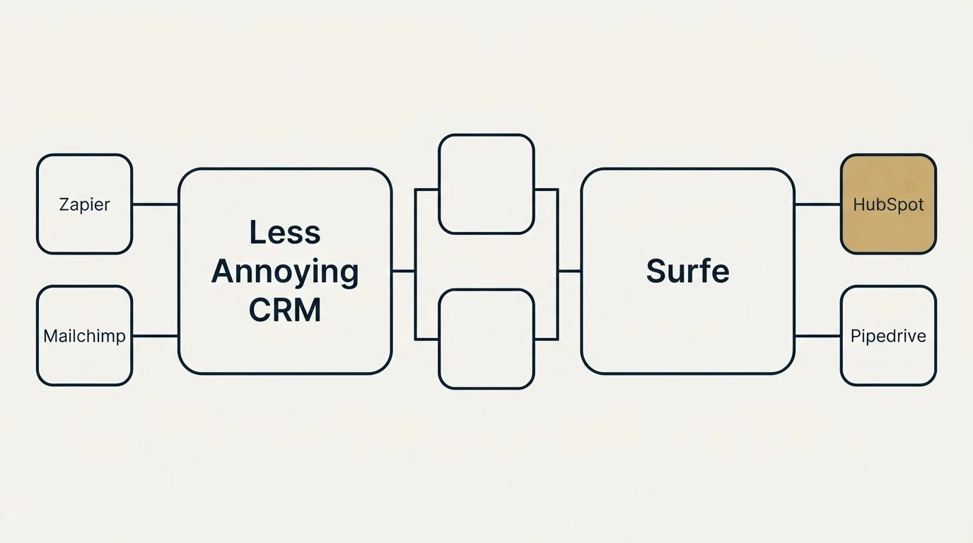 Integration flow: Integration Ecosystem (Less Annoying CRM, Surfe, Zapier, HubSpot)