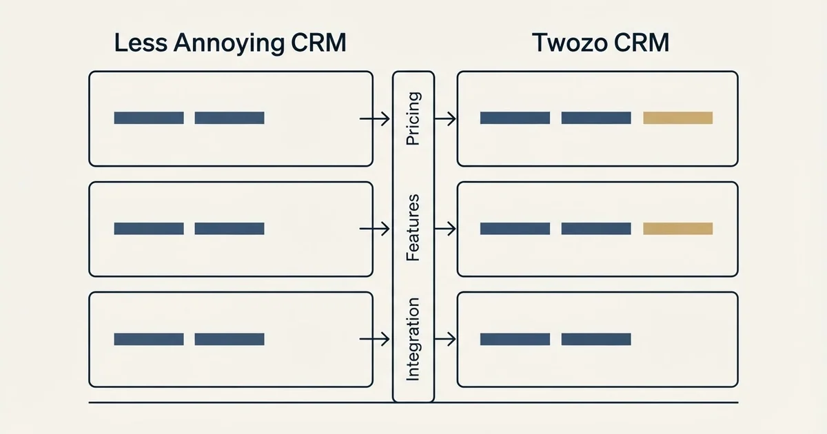 Comparison panel: Less Annoying CRM vs Twozo CRM (Pricing, Features, Integration)