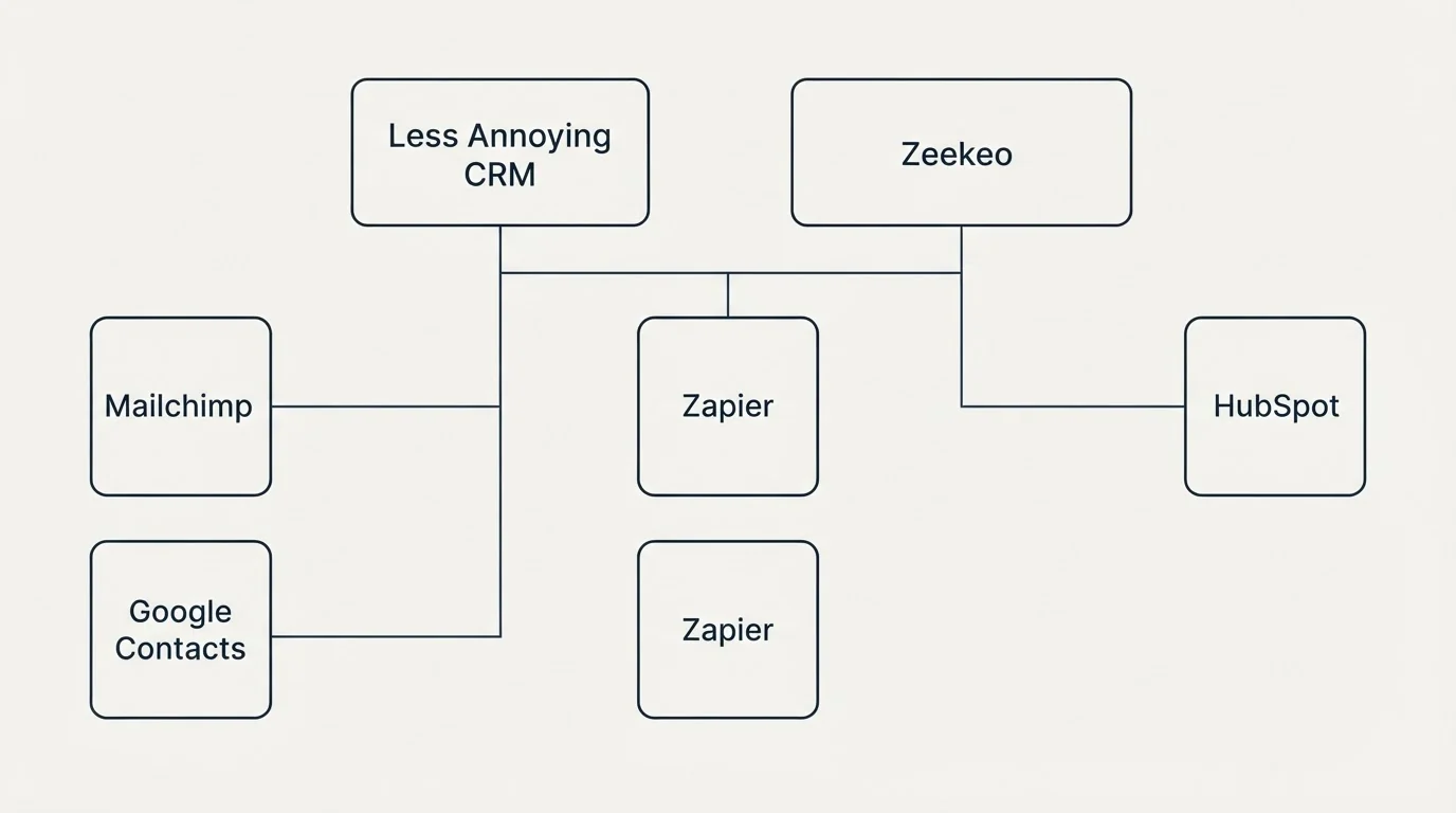Integration grid: Integration Ecosystem (Less Annoying CRM, Zeekeo, Zapier, Mailchimp)