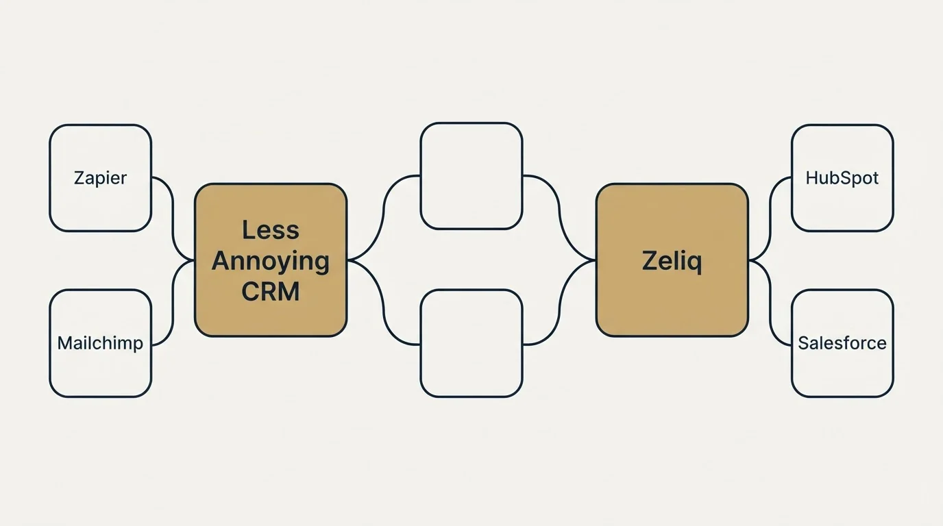 Integration schematic: Integration Ecosystem (Less Annoying CRM, Zeliq, Zapier, HubSpot)