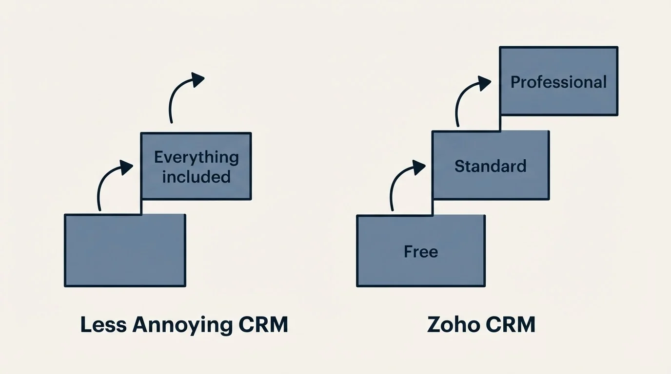 Pricing ladder: Pricing Comparison (Less Annoying CRM, Zoho CRM, Everything included, Free)