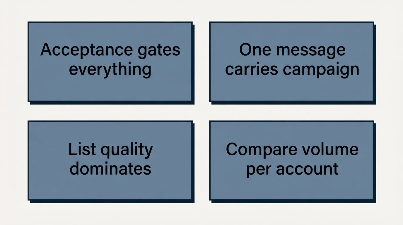 Schematic: What to expect from the numbers (Acceptance gates everything, One message carries campaign, List quality dominates, Compare volume per account)