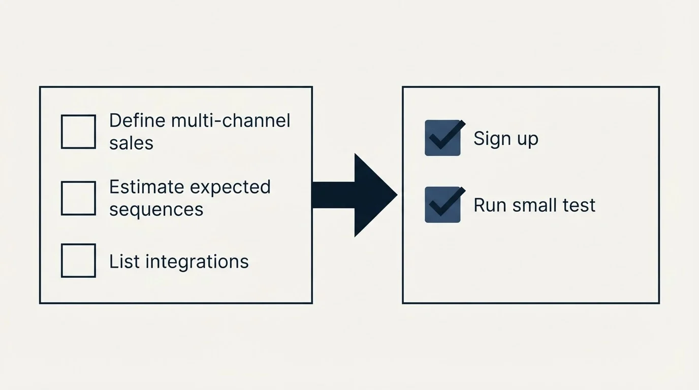 Before-and-after steps: Getting Started Checklist (Define multi-channel sales, Estimate expected sequences, List integrations, Sign up)