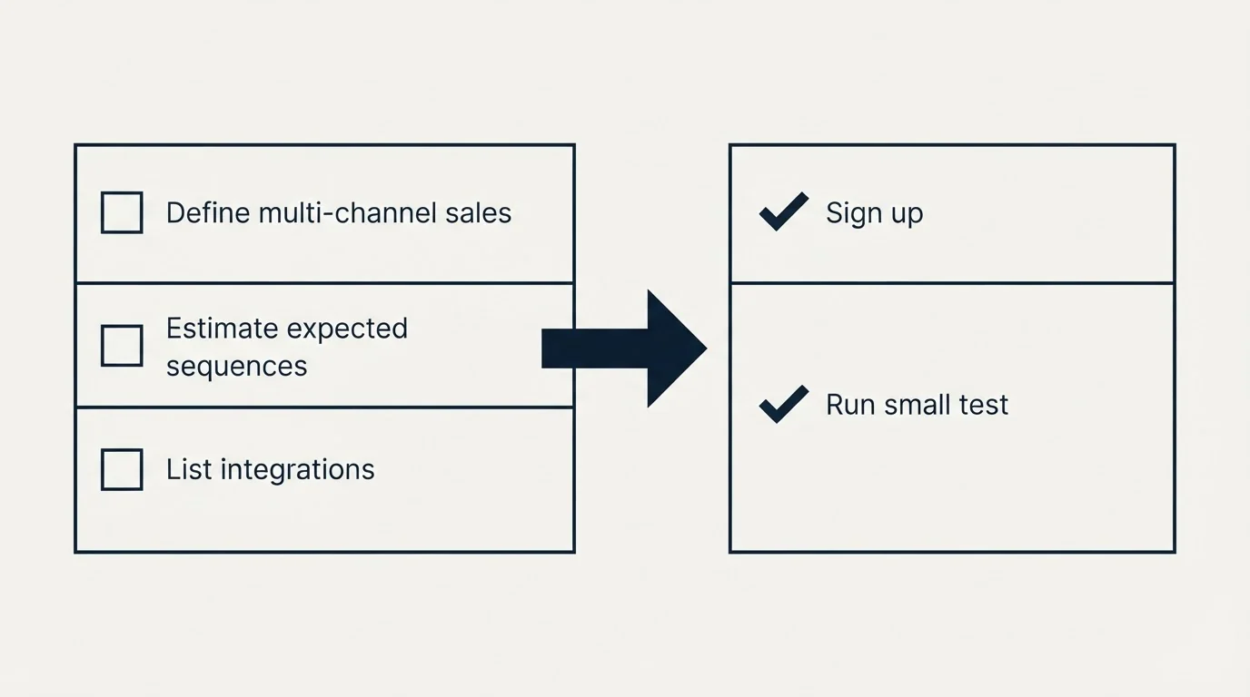 Before-and-after steps: Getting Started Checklist (Define multi-channel sales, Estimate expected sequences, List integrations, Sign up)