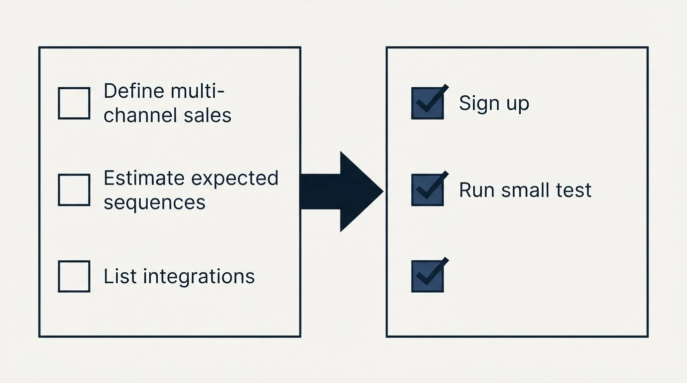 Before-and-after steps: Getting Started Checklist (Define multi-channel sales, Estimate expected sequences, List integrations, Sign up)