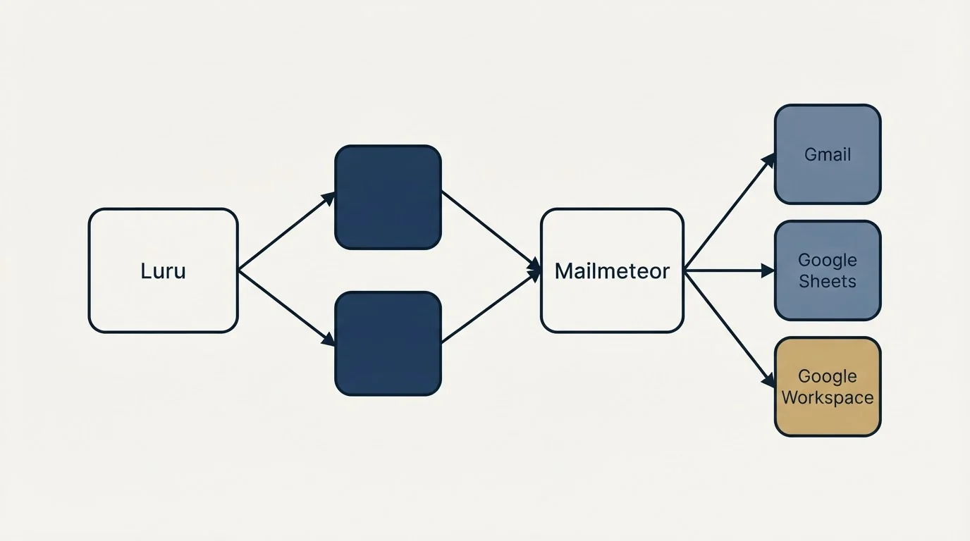 Integration schematic: Integration Ecosystem (Luru, Mailmeteor, Gmail, Google Sheets)