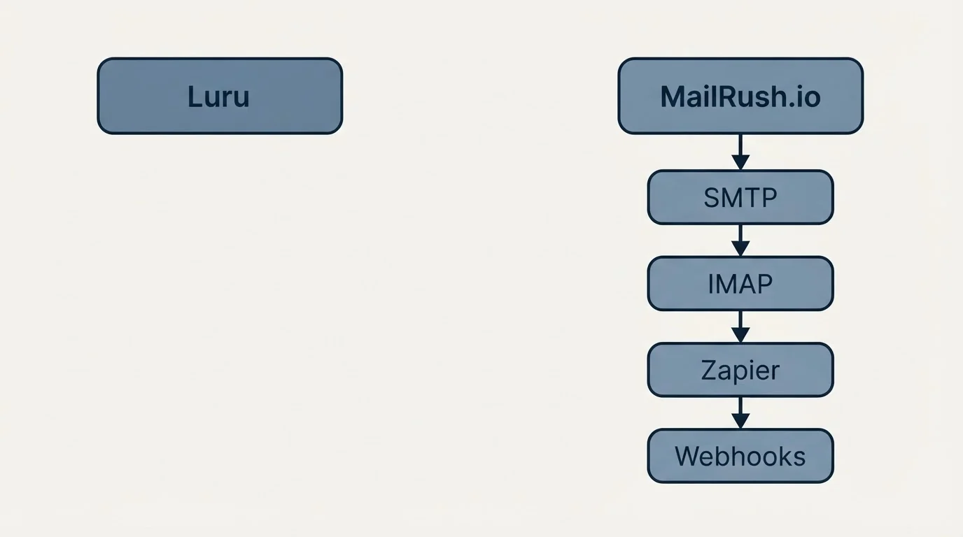 Integration schematic: Integration Ecosystem (Luru, MailRush.io, SMTP, IMAP)