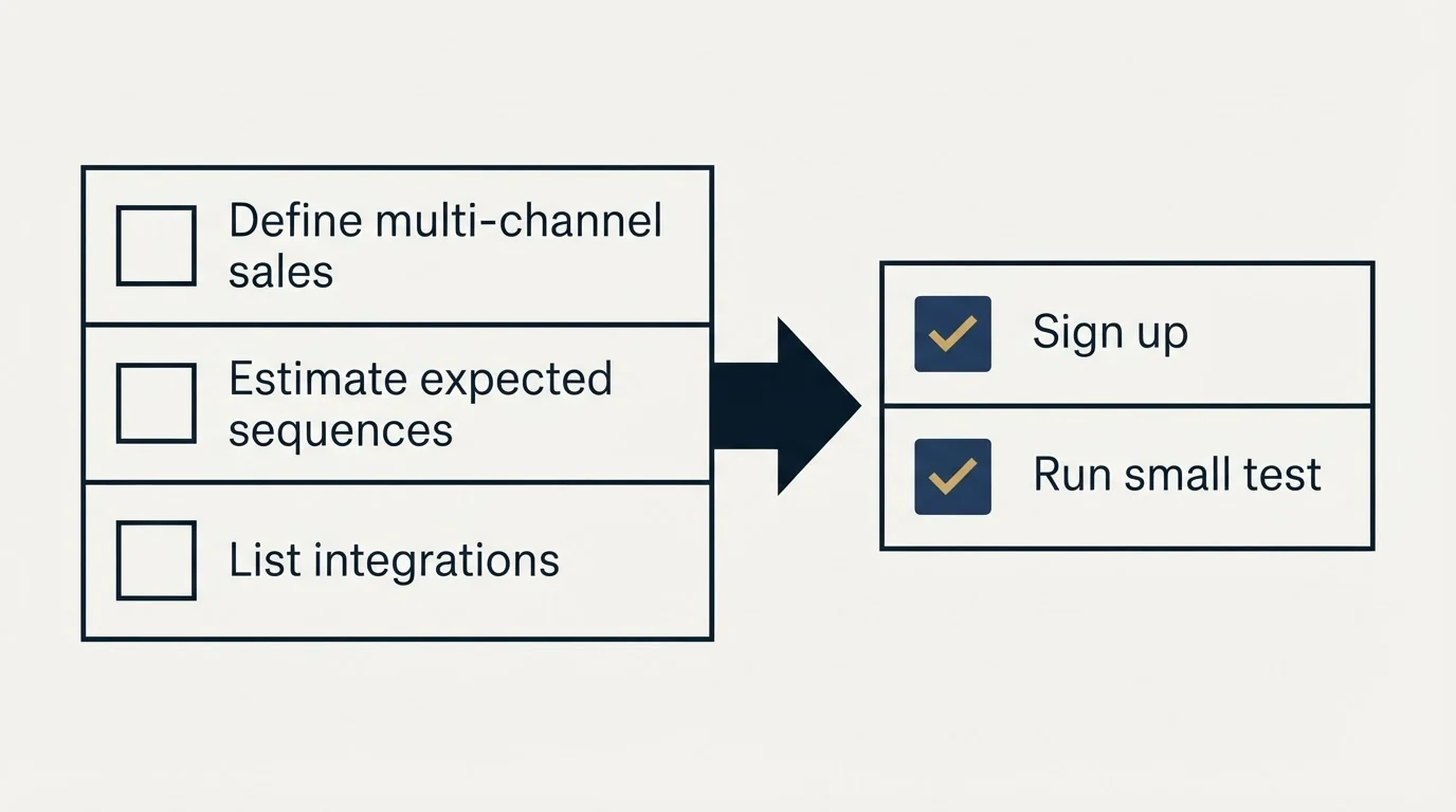 Before-and-after steps: Getting Started Checklist (Define multi-channel sales, Estimate expected sequences, List integrations, Sign up)