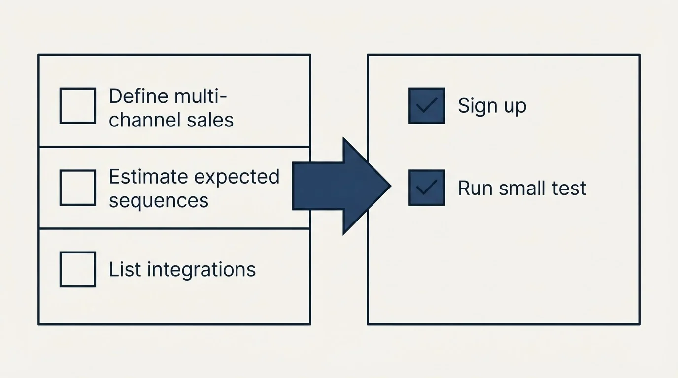 Before-and-after steps: Getting Started Checklist (Define multi-channel sales, Estimate expected sequences, List integrations, Sign up)