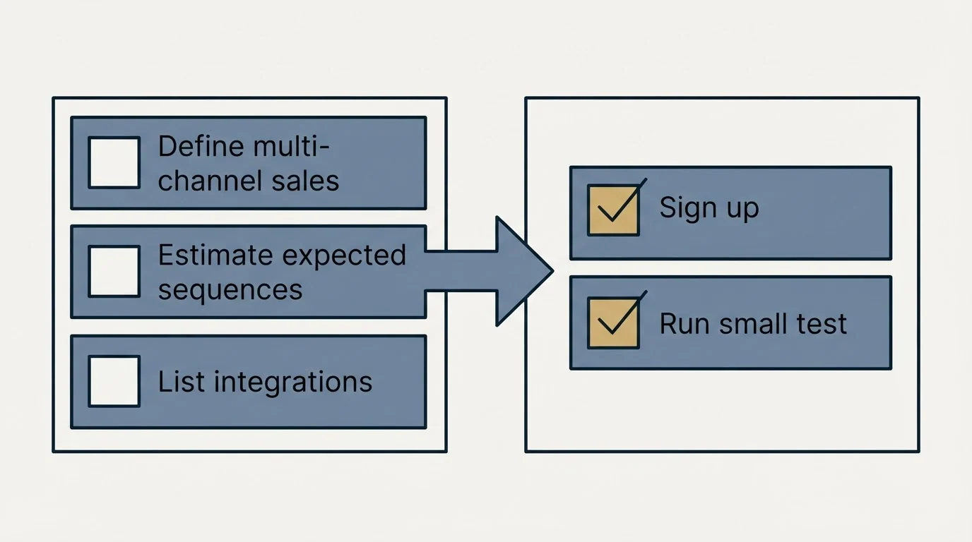 Before-and-after steps: Getting Started Checklist (Define multi-channel sales, Estimate expected sequences, List integrations, Sign up)