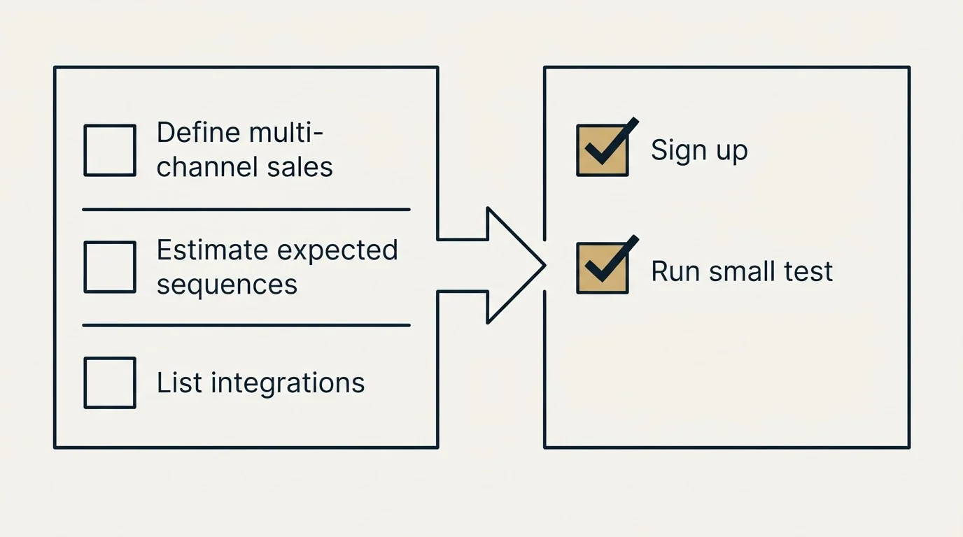 Before-and-after steps: Getting Started Checklist (Define multi-channel sales, Estimate expected sequences, List integrations, Sign up)