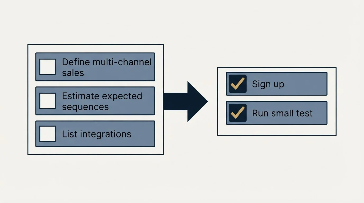 Before-and-after steps: Getting Started Checklist (Define multi-channel sales, Estimate expected sequences, List integrations, Sign up)