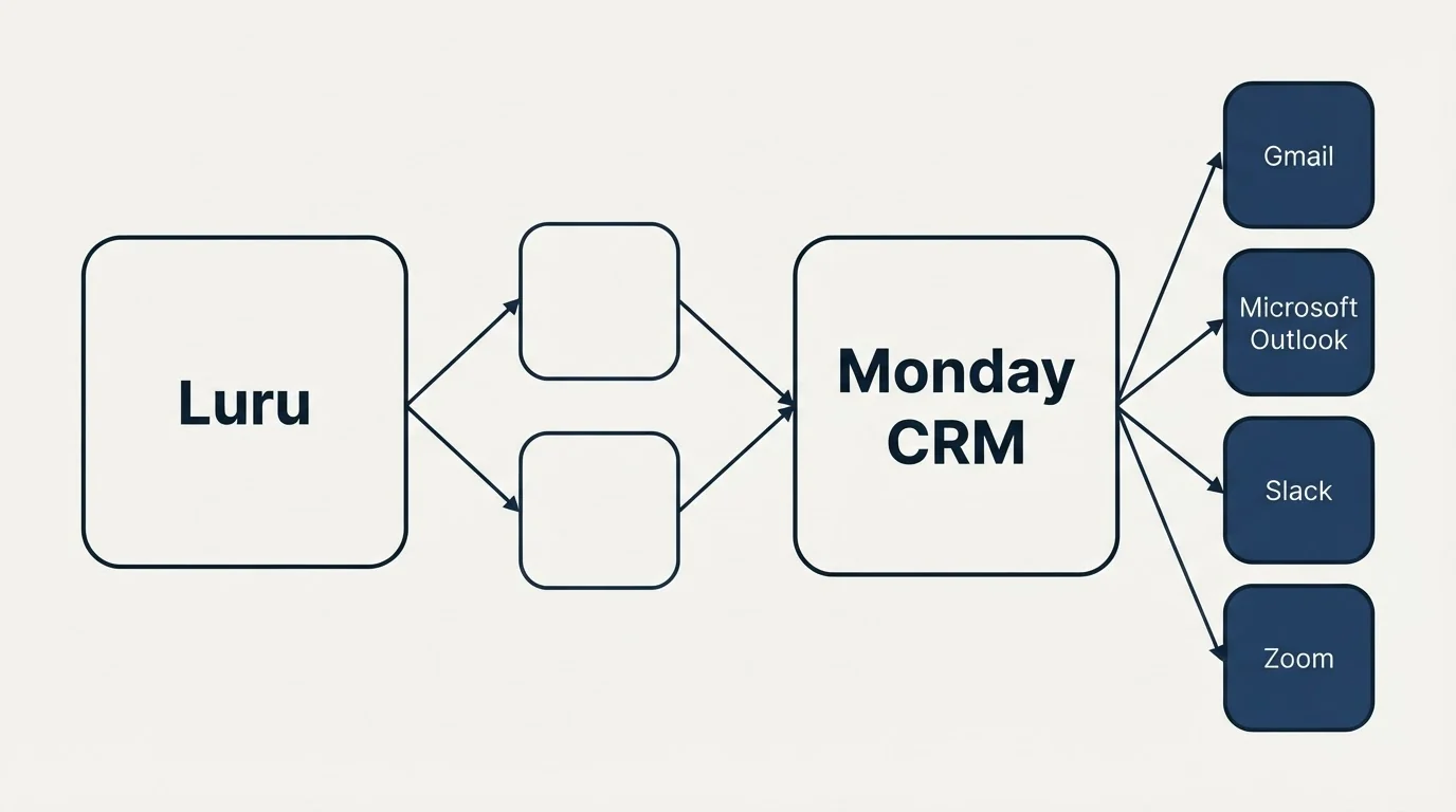 Integration schematic: Integration Ecosystem (Luru, Monday CRM, Gmail, Microsoft Outlook)
