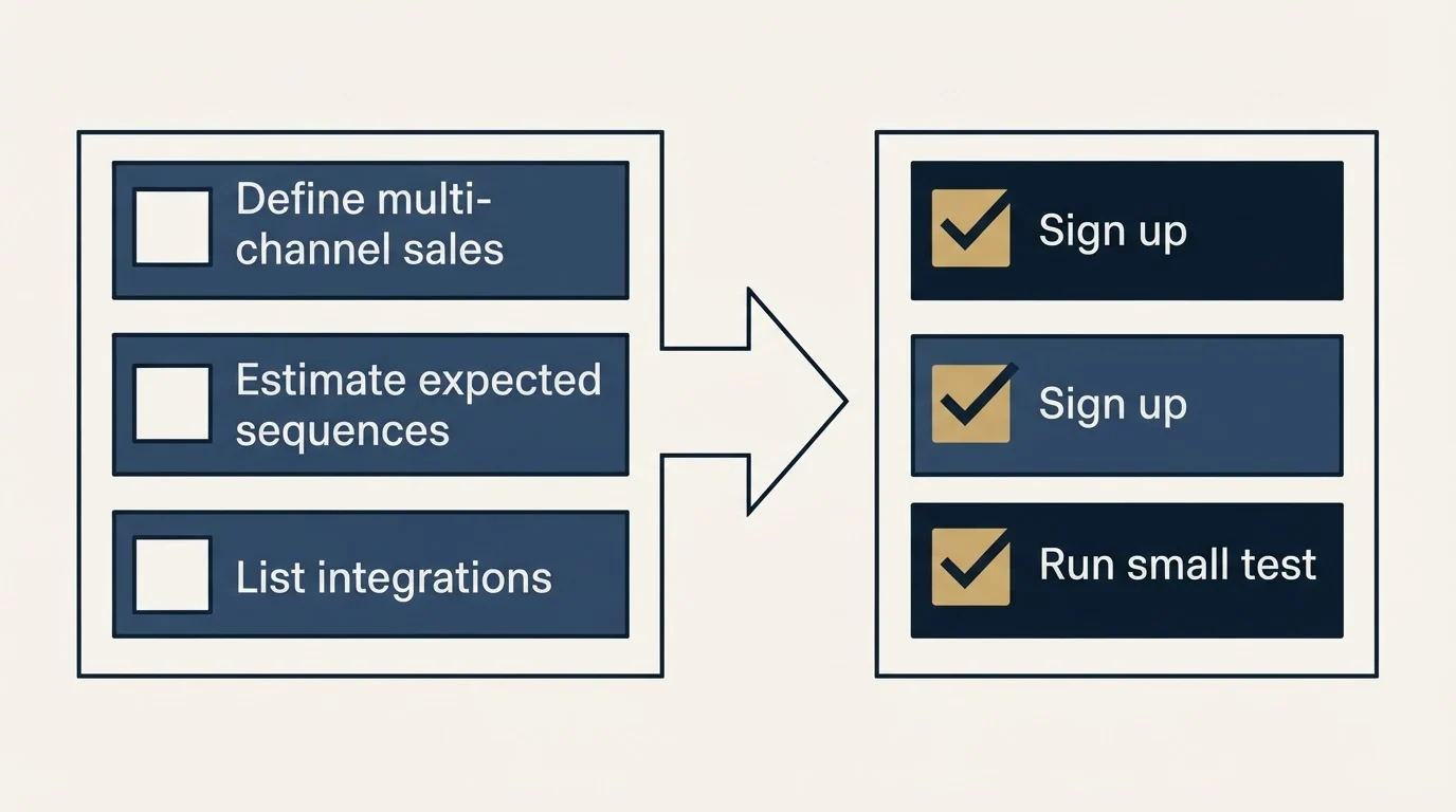 Before-and-after steps: Getting Started Checklist (Define multi-channel sales, Estimate expected sequences, List integrations, Sign up)