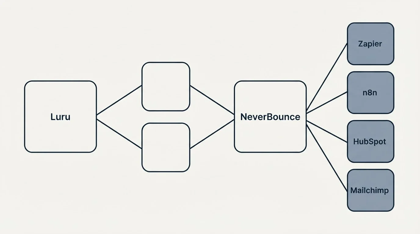 Integration schematic: Integration Ecosystem (Luru, NeverBounce, Zapier, n8n)