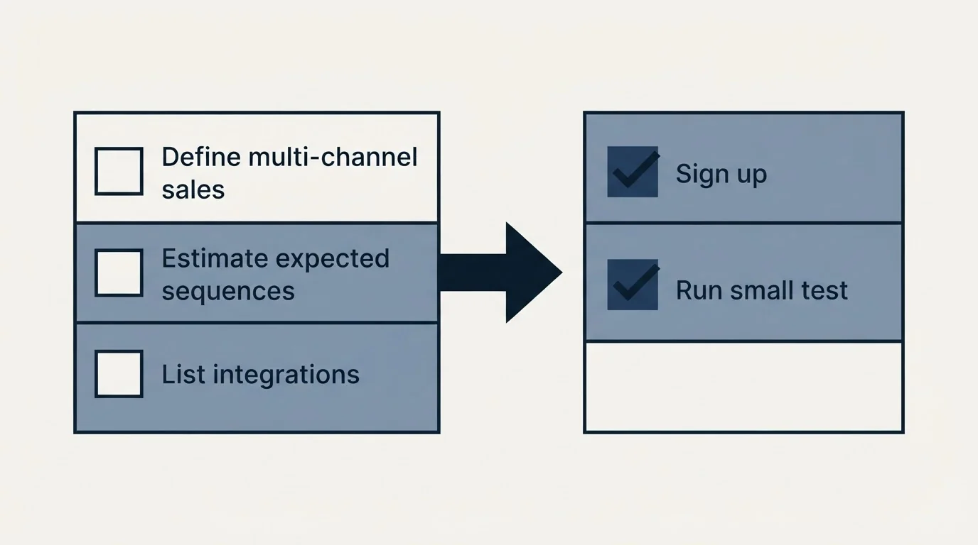 Before-and-after steps: Getting Started Checklist (Define multi-channel sales, Estimate expected sequences, List integrations, Sign up)