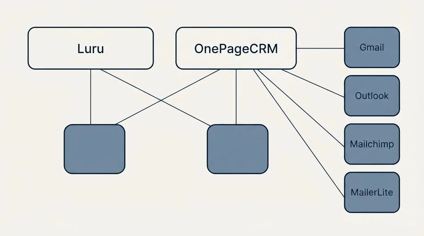 Integration grid: Integration Ecosystem (Luru, OnePageCRM, Gmail, Outlook)