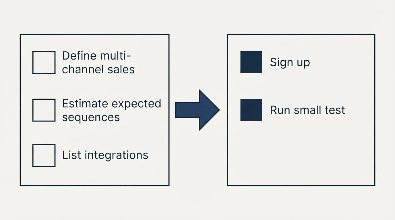 Before-and-after steps: Getting Started Checklist (Define multi-channel sales, Estimate expected sequences, List integrations, Sign up)