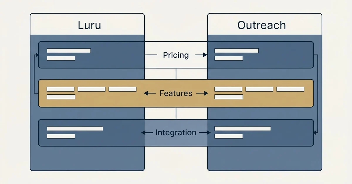 Comparison panel: Luru vs Outreach (Pricing, Features, Integration)