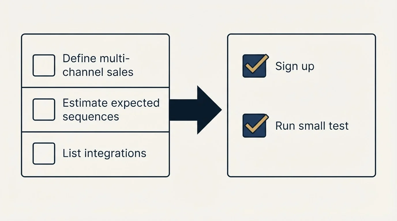 Before-and-after steps: Getting Started Checklist (Define multi-channel sales, Estimate expected sequences, List integrations, Sign up)