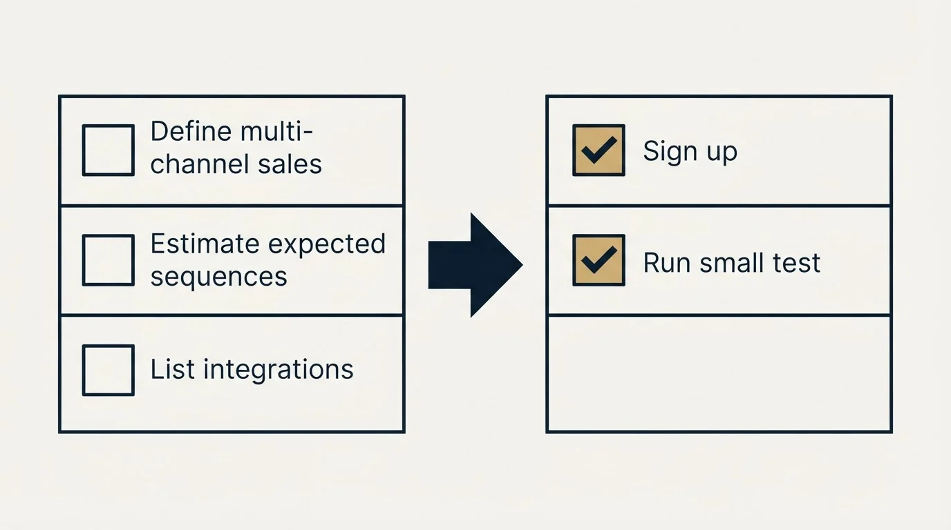 Before-and-after steps: Getting Started Checklist (Define multi-channel sales, Estimate expected sequences, List integrations, Sign up)