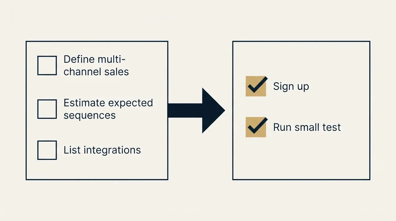 Before-and-after steps: Getting Started Checklist (Define multi-channel sales, Estimate expected sequences, List integrations, Sign up)