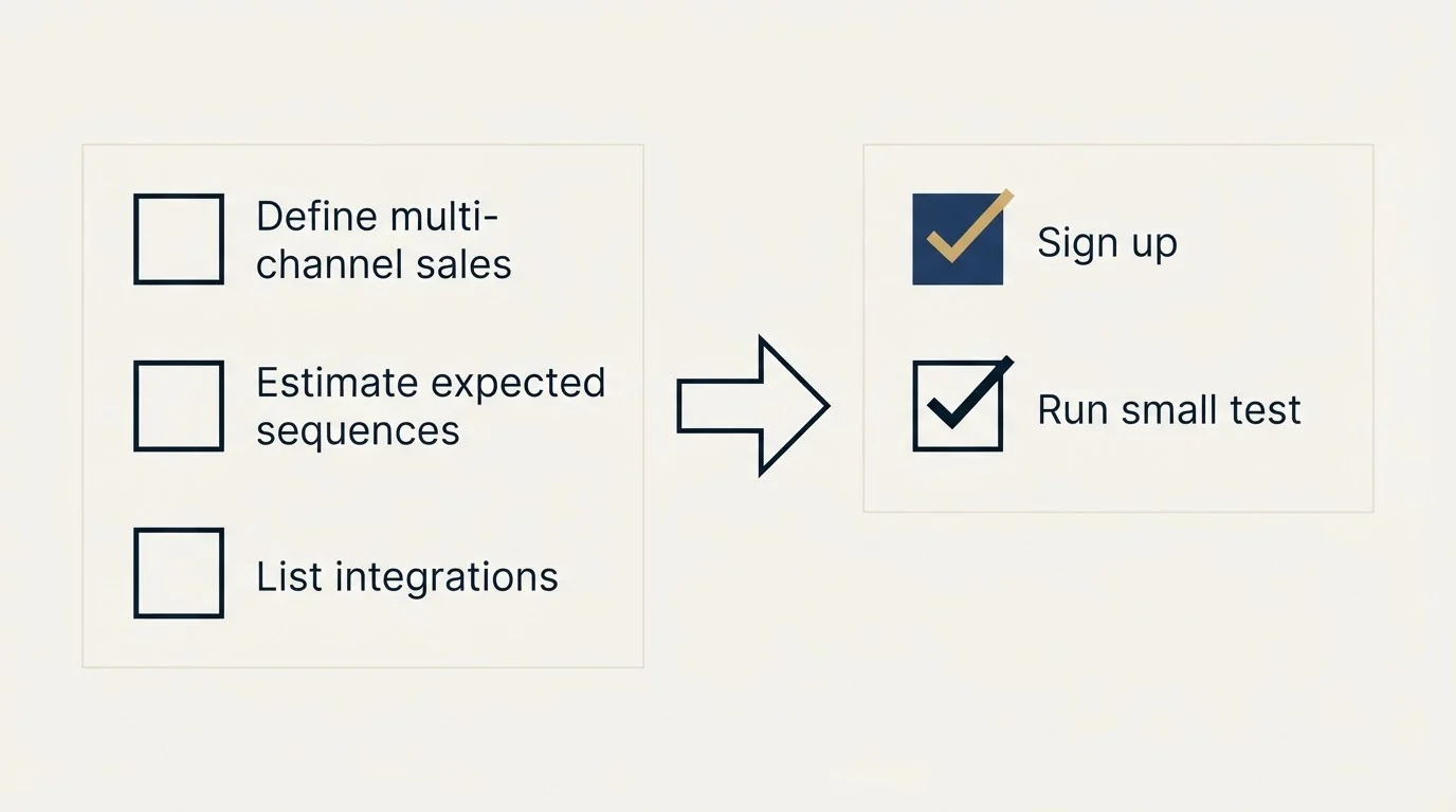 Before-and-after steps: Getting Started Checklist (Define multi-channel sales, Estimate expected sequences, List integrations, Sign up)