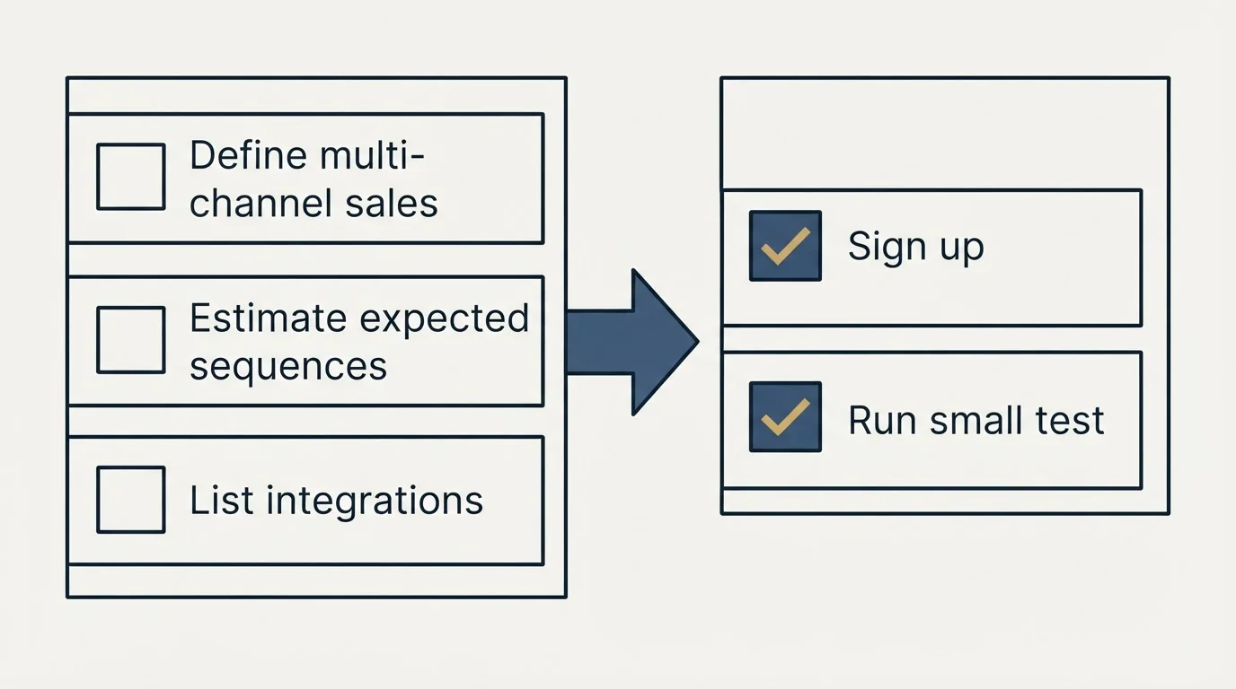 Before-and-after steps: Getting Started Checklist (Define multi-channel sales, Estimate expected sequences, List integrations, Sign up)