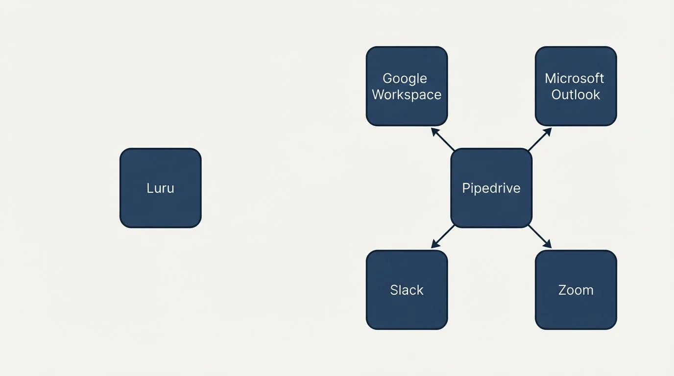 Integration grid: Integration Ecosystem (Luru, Pipedrive, Google Workspace, Microsoft Outlook)
