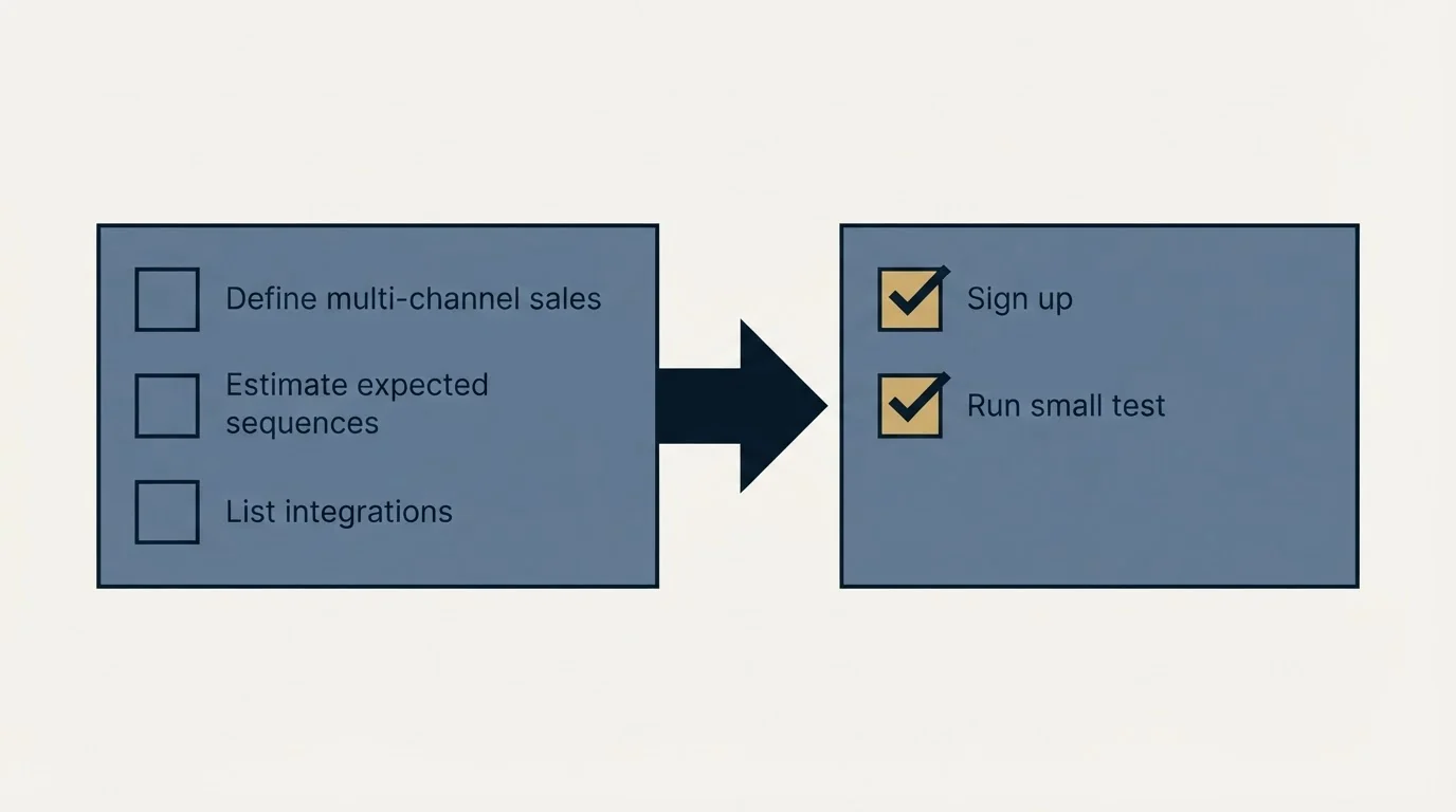 Before-and-after steps: Getting Started Checklist (Define multi-channel sales, Estimate expected sequences, List integrations, Sign up)