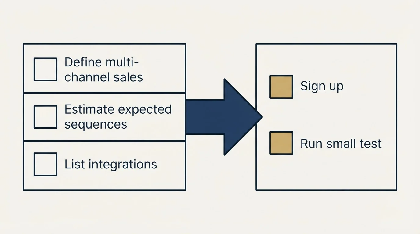 Before-and-after steps: Getting Started Checklist (Define multi-channel sales, Estimate expected sequences, List integrations, Sign up)