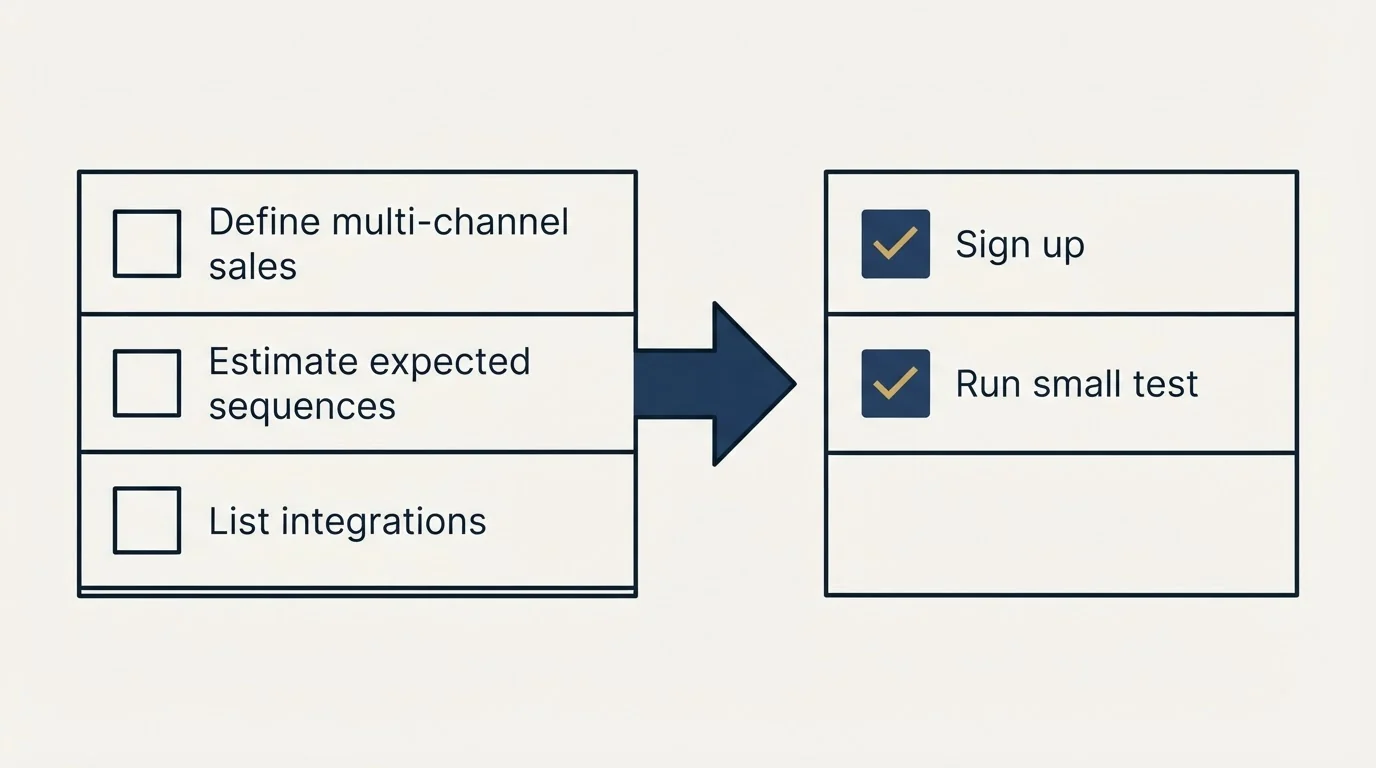Before-and-after steps: Getting Started Checklist (Define multi-channel sales, Estimate expected sequences, List integrations, Sign up)
