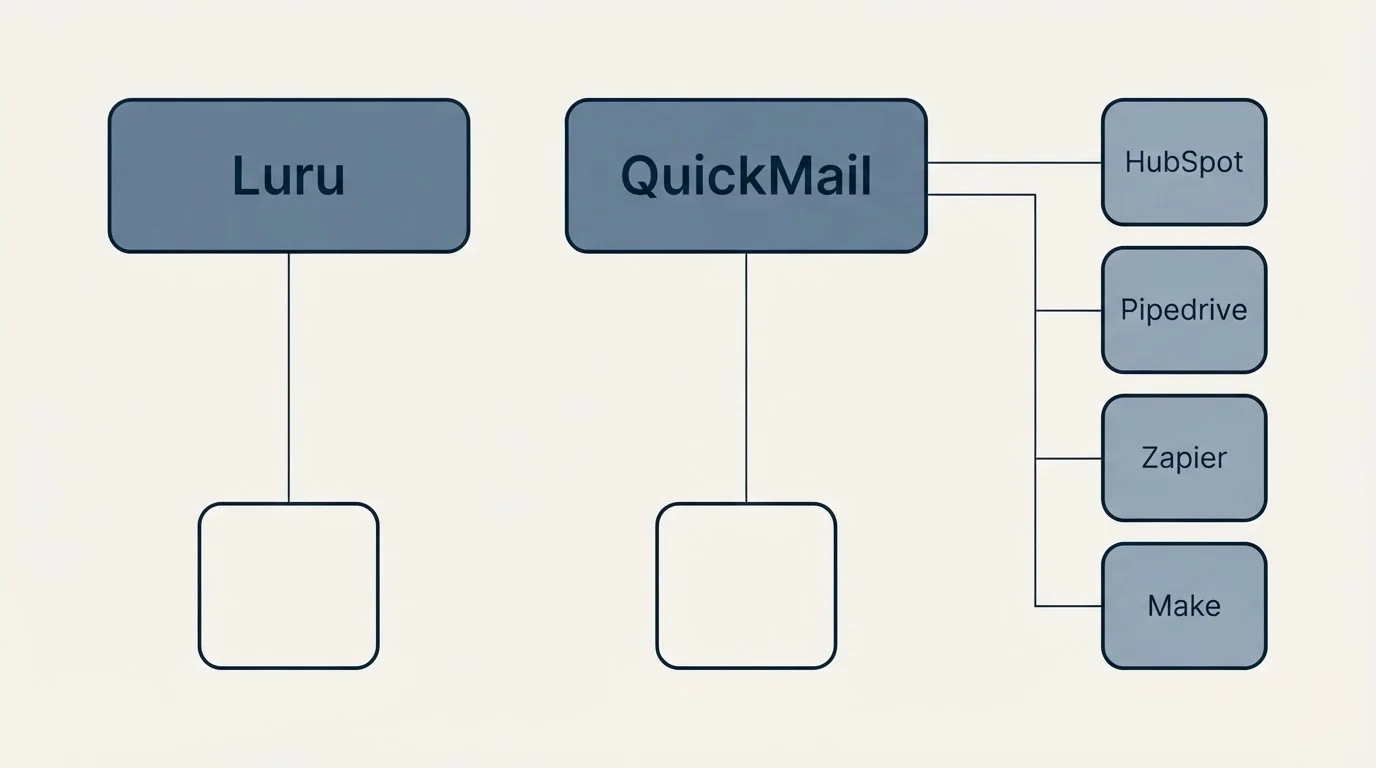Integration grid: Integration Ecosystem (Luru, QuickMail, HubSpot, Pipedrive)