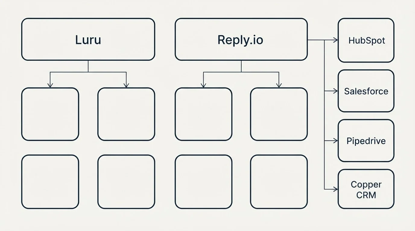 Integration grid: Integration Ecosystem (Luru, Reply.io, HubSpot, Salesforce)