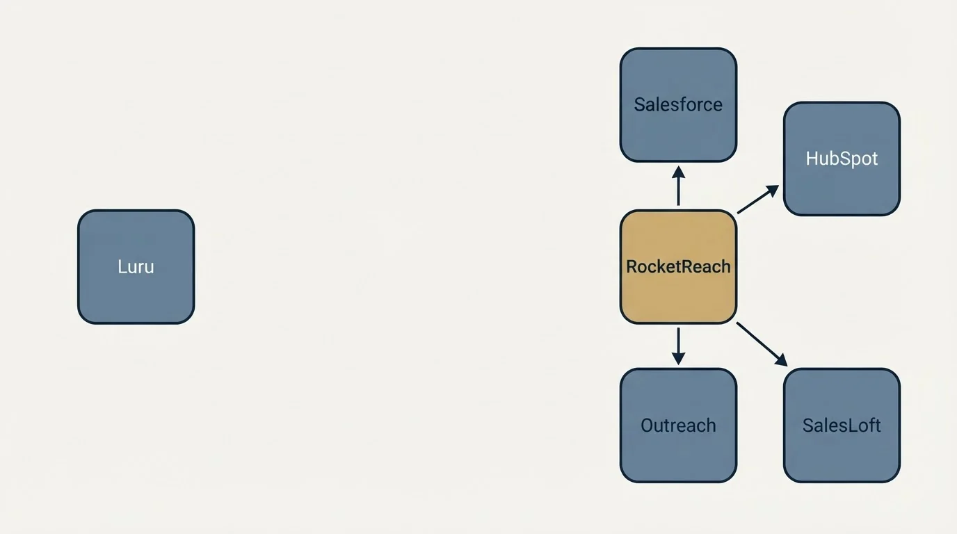 Integration flow: Integration Ecosystem (Luru, RocketReach, Salesforce, HubSpot)
