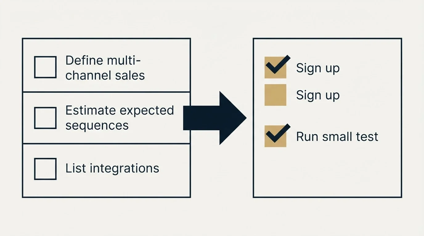 Before-and-after steps: Getting Started Checklist (Define multi-channel sales, Estimate expected sequences, List integrations, Sign up)